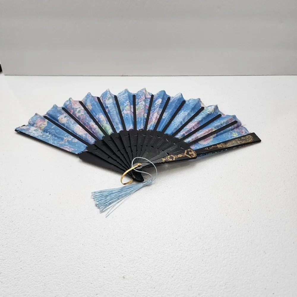 Vintage Japanese Flora Handheld Fan 2 Piece BLUE AND PINK
